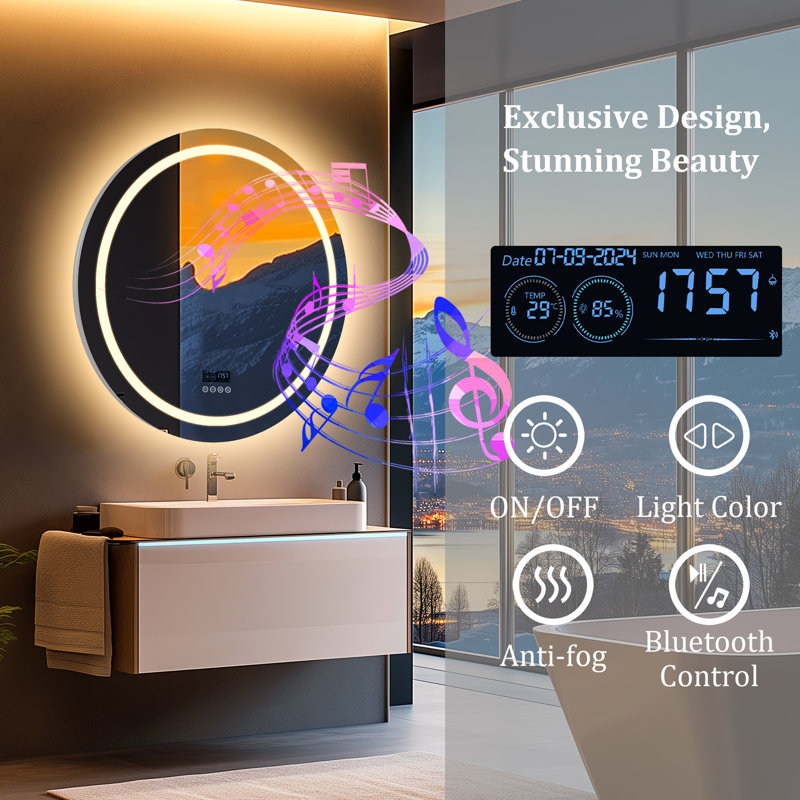 LED Bathroom Mirror with Lights Wall Mounted with Bluetooth Speaker Time Date Display Anti Fog 3 Color Temperature Dimmable Brightness IP65